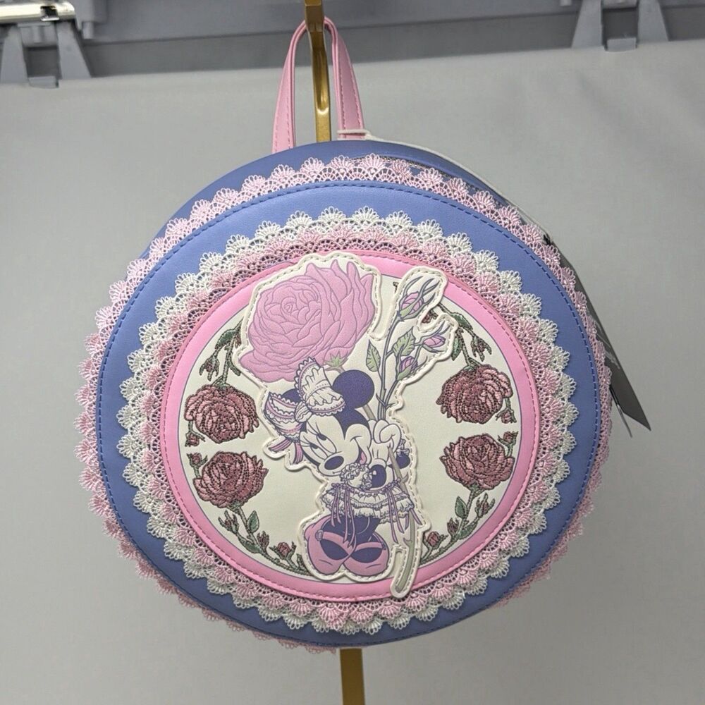 Disney Loungefly Minnie Floral Lace Round Mini Backpack NWT Pink Lavender